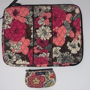 Vera Bradley Pink Floral Quilted Laptop Sleeve with with coin wallet